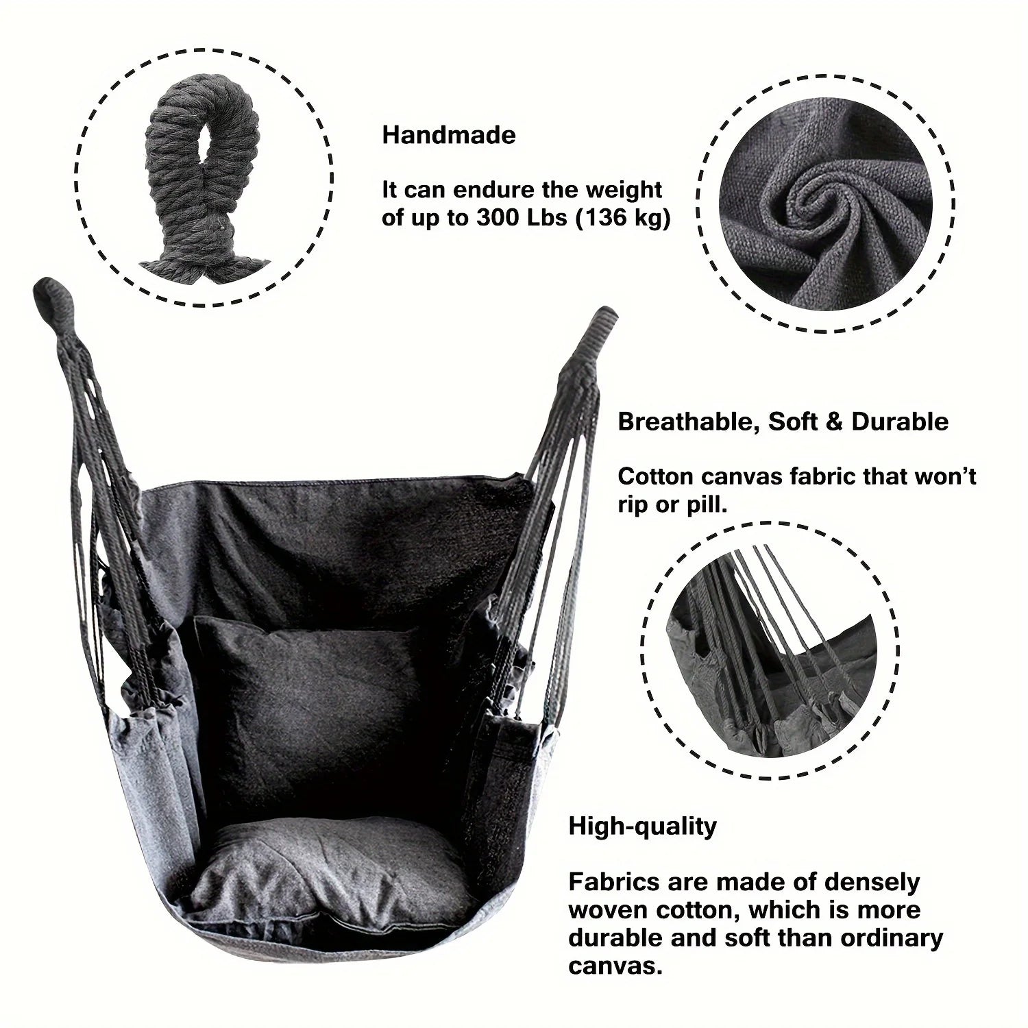 1 PC Comfort Canvas Hammock Chair - Relaxing College Dorm Swing, Sturdy Two Tie Ropes, Suitable for Indoor/Outdoor Use