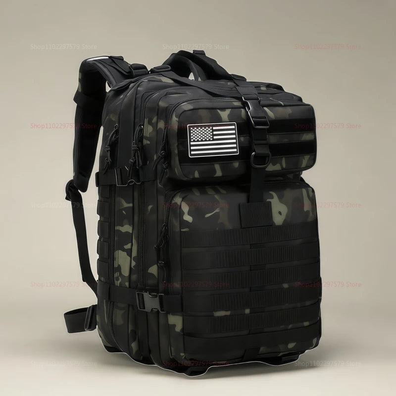 Outdoor tactical backpack, waterproof, lightweight, large capacity, multi-functional design, suitable for hiking and camping.
