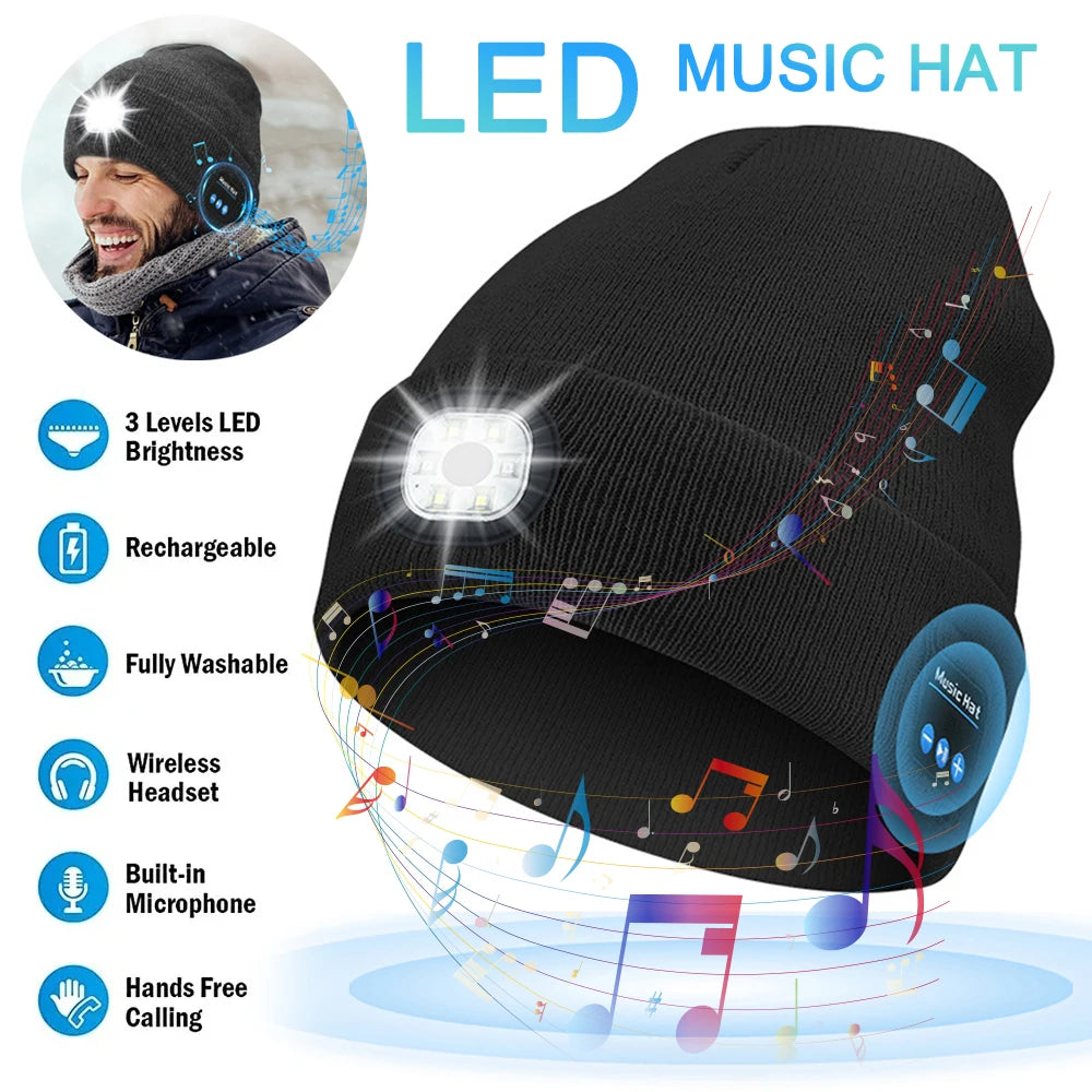 Can be equipped with Wireless Bluetooth music knitted hat new outdoorledlighting rechargeable detachable luminous sleeve cap