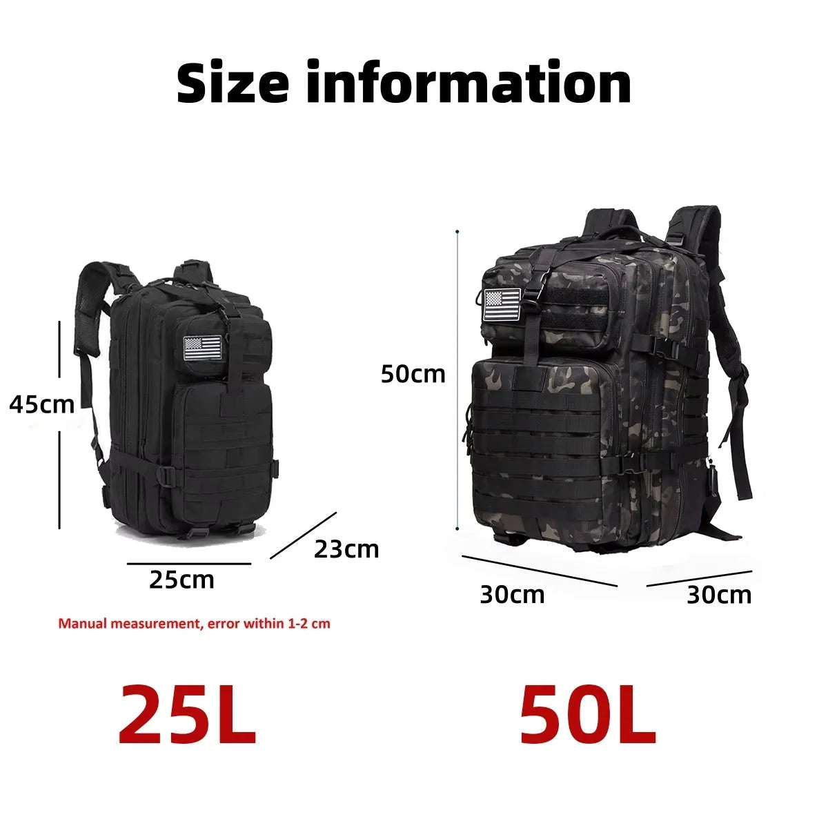 Outdoor tactical backpack, waterproof, lightweight, large capacity, multi-functional design, suitable for hiking and camping.
