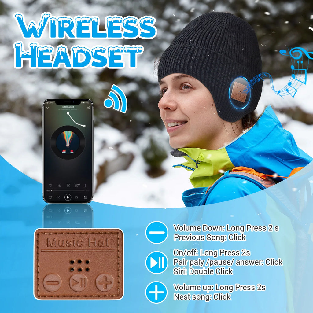 Wireless Bluetooth Earphone Hat Headset Rechargeable With Microphone Light  Weight Removable Keep Warm Listen Music Headphone