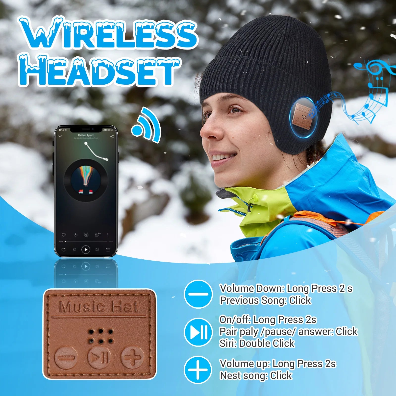 Wireless Bluetooth Earphone Hat Headset Rechargeable With Microphone Light  Weight Removable Keep Warm Listen Music Headphone