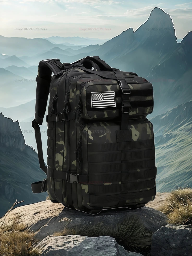 Outdoor tactical backpack, waterproof, lightweight, large capacity, multi-functional design, suitable for hiking and camping.