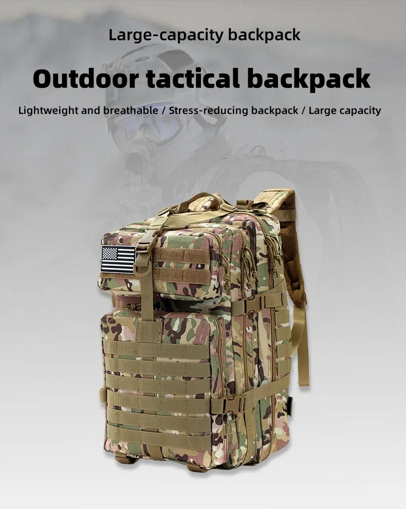 Outdoor tactical backpack, waterproof, lightweight, large capacity, multi-functional design, suitable for hiking and camping.