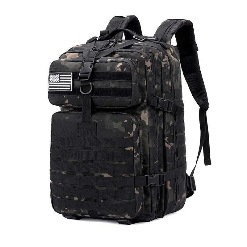 Outdoor tactical backpack, waterproof, lightweight, large capacity, multi-functional design, suitable for hiking and camping.